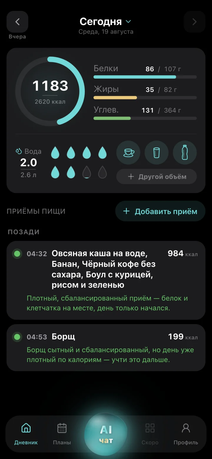 Реальный дневник Калорины с приёмами пищи и дневным балансом